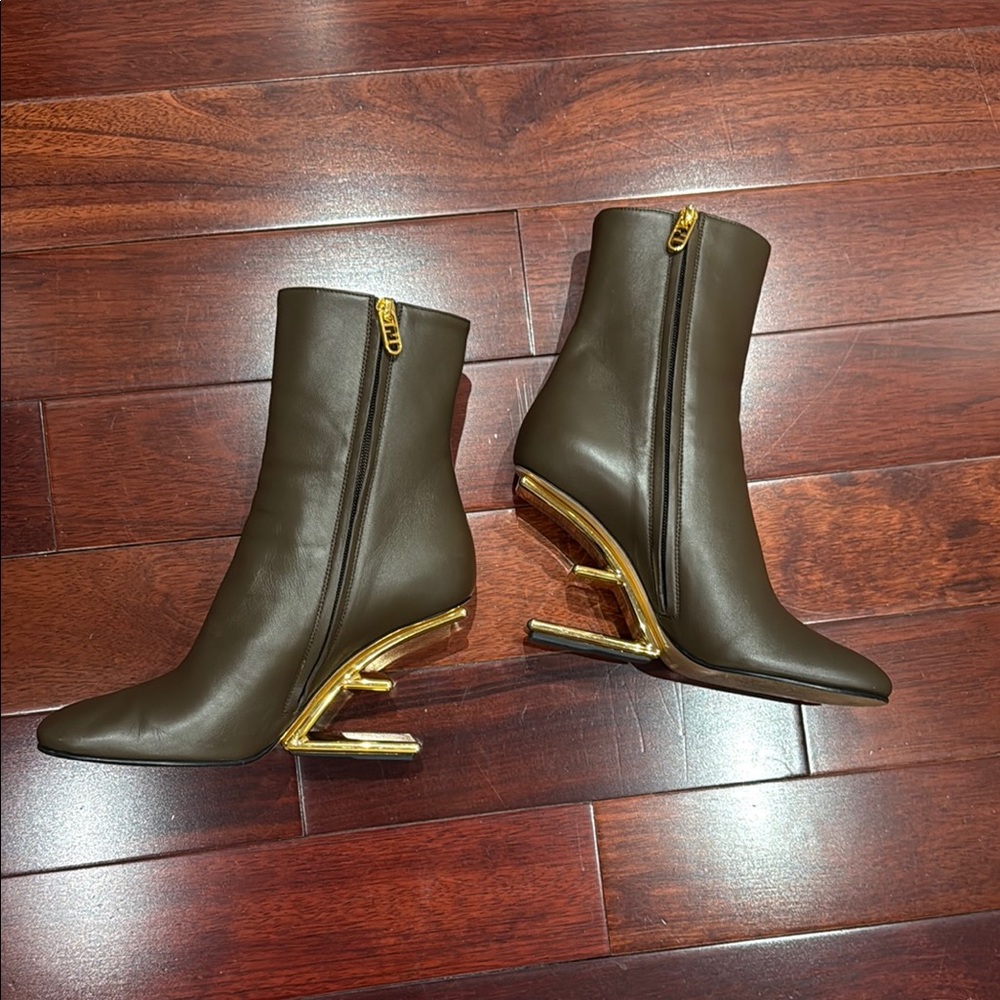 Fendi Brown and Gold Heeled Boots with Sculptural Design